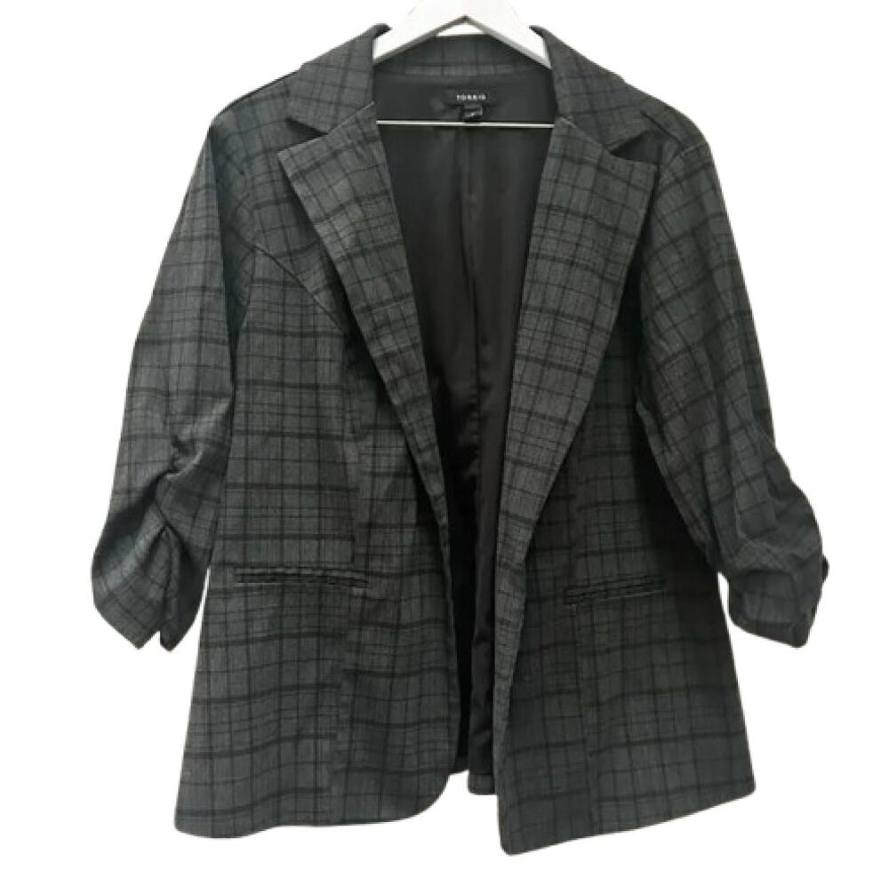 TORRID Gray Plaid Open Front Ruched Sleeve Blazer Jacket Size 2 (2XL)